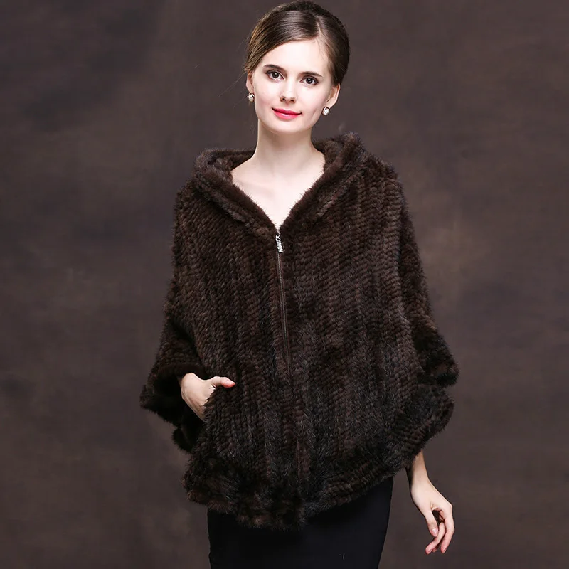 Hooded natural knit mink fur coats outerwear women real fur cloaks 2018 new style fashion zipper real mink fur jackets
