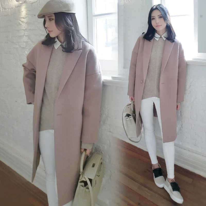 Женская одежда в новой зимней ткани пальто длинный профиль свободная розовая шерстяная ткань