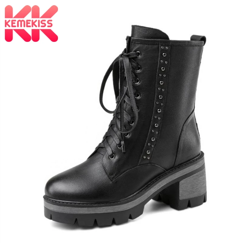 

KemeKiss Women Ankle Boots Real Leather Woman Shoes Rivets Platform Cross Strap Short Boots Fashion Ladies Shoes Size 34-43
