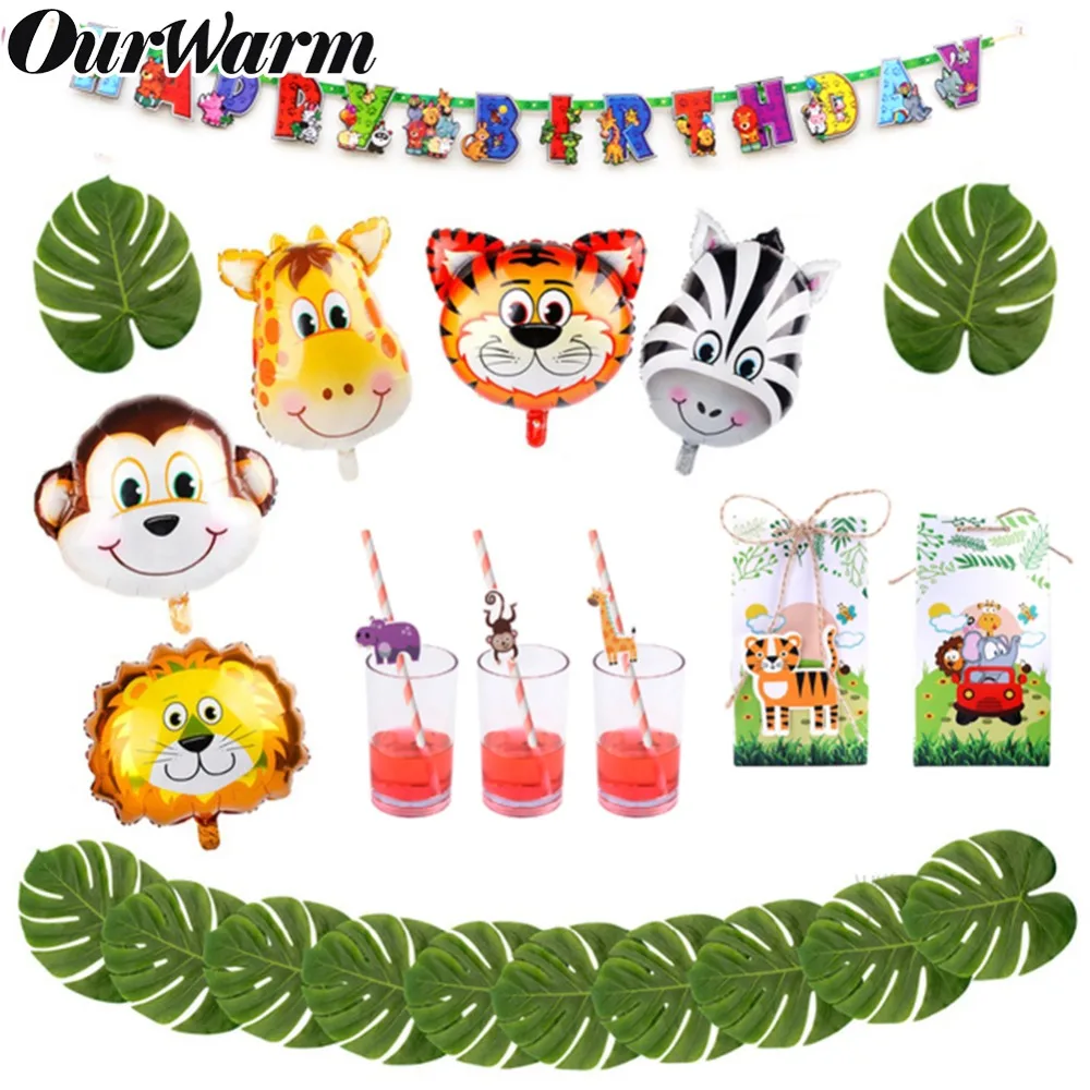 

OurWarm Jungle Party Decoration Kids Birthdays Animals Balloons Banner Candy Boxes Cookies Bags Animal Kraft Paper Gift Bag