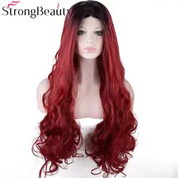 Strongbeauty длинные волнистые красный Для женщин парики синтетические Синтетические волосы на кружеве парик Ombre черный бордовый красный волос