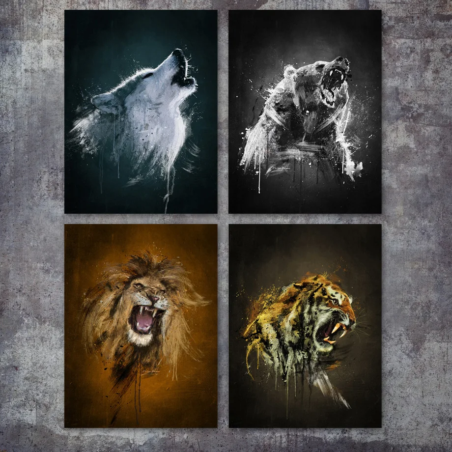 Watercolor Wolf Bear Lion Tiger Wall Art Canvas Painting Nordic Posters