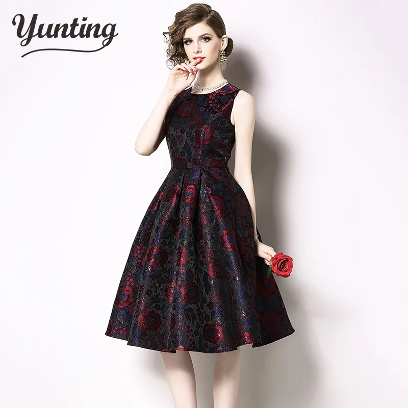 

2019 Summer Women Jacquard Dress A-line Vintage Vestidos Sleeveless Casual Office Party Dresses