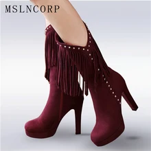 Plus Size 34-43 New Flock Autumn Winter Fur Women boots Sexy High heels Mid Calf boots Fringe Tassels Fashion Rivets Woman Shoes fedonas new socks boots high heels mid calf boots for women slim party dancing shoes woman sexy autumn martin shoes prom pumps