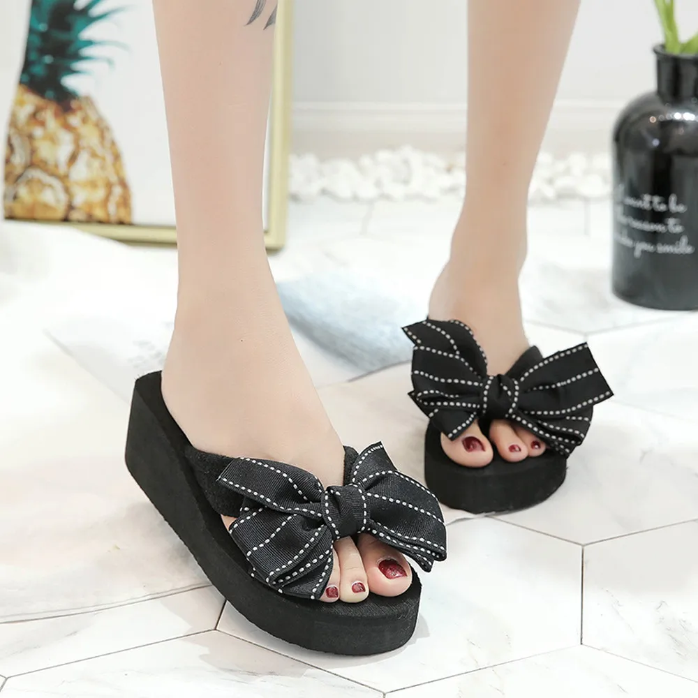 

Women Fashion Solid Bow Round Toe Thick Bottom Wedges Sandals Slipper Flatform Shoes zandalias de verano mujer