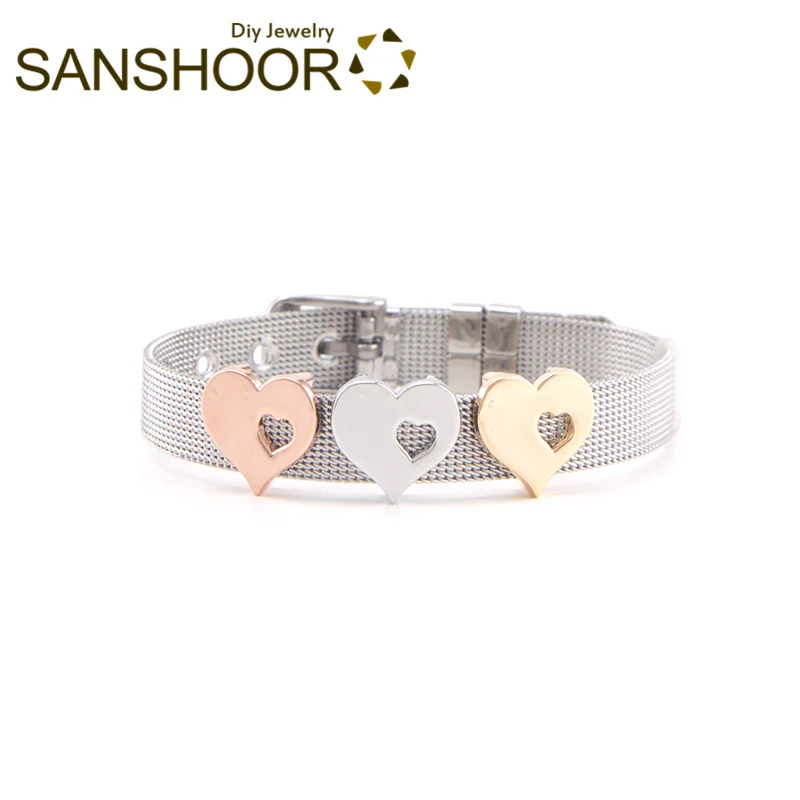 

SANSHOOR Heart Bracelet Slide Charms With Hollown Love Fit 10mm Wide Wrap Leather Bracelet As Women Valentine's Day Gift 3Pcs