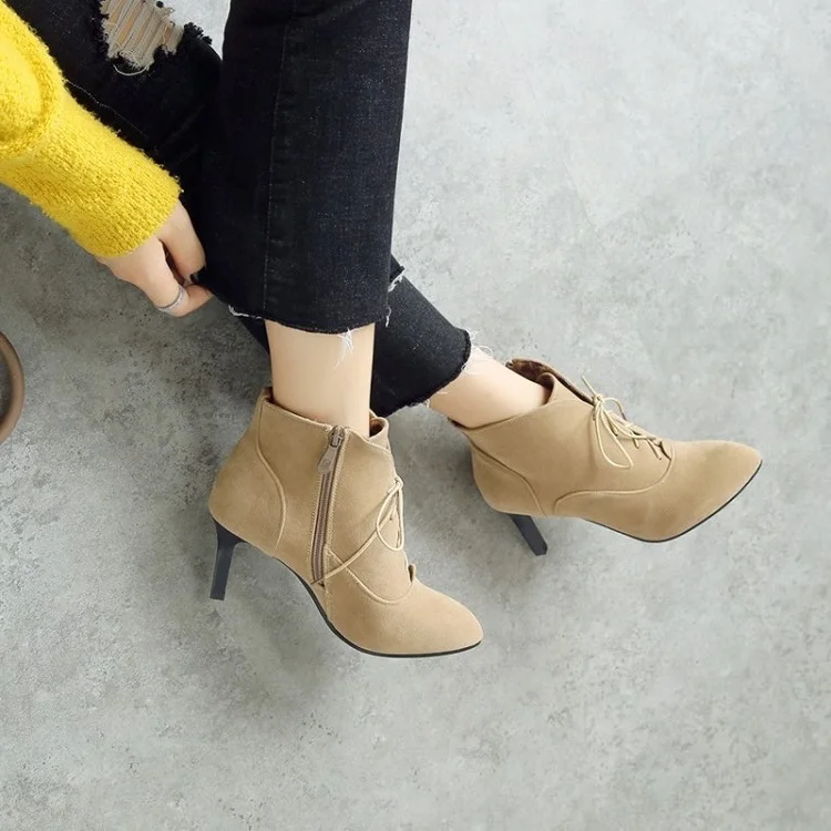 

Big Size 11 12 13 14 15 Ma'am Fine heel Short boots Pure color Frenulum Boot barrel Suede high-heeled boots