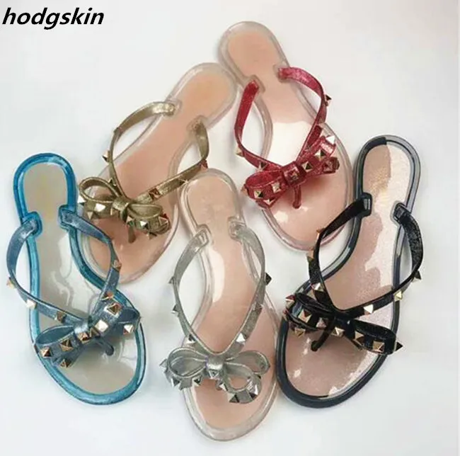 

Rivets Studded Bowknot Flats Slippers sandals Flip Flops Summer Shoes Outdoor Beach Slides Jelly Shoes woman Slipper