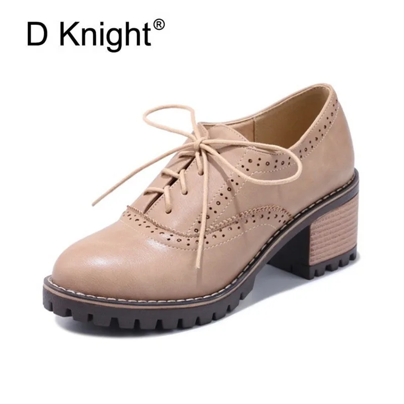 Ladies Casual Square High Heels Oxfords Shoes Vintage Carved England