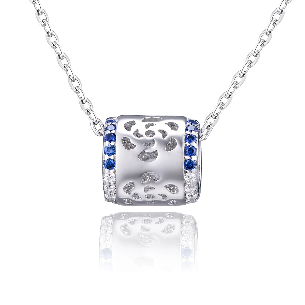 

VOJEFEN 925 Sterling Silver Cylinder Pendant Necklace for Men Women Inlaid Blue & White Zircon Roller Pendant Necklace