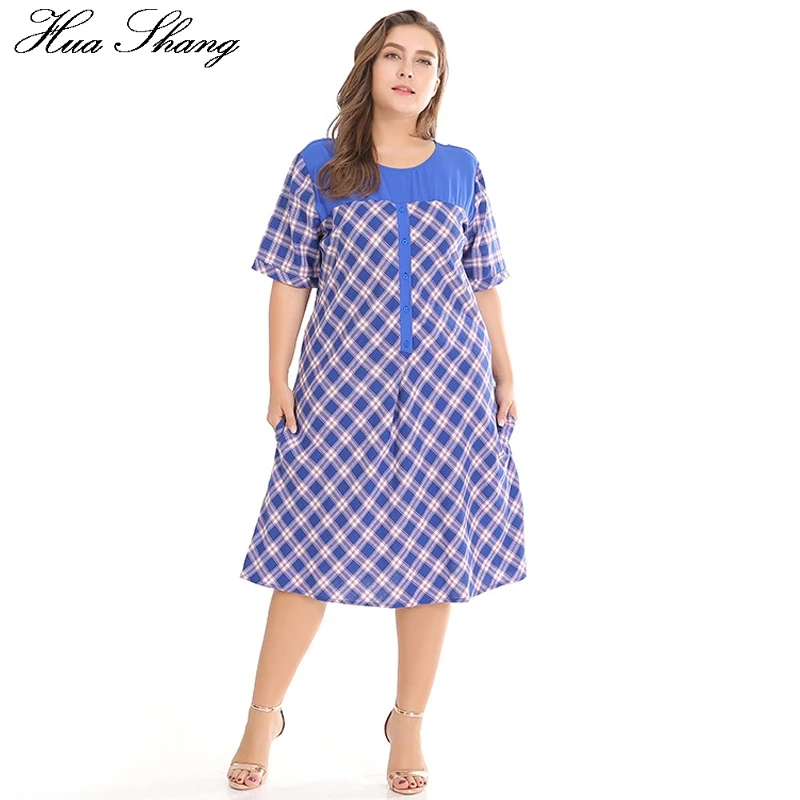 

Blue Plaid Casual Dresses Ladies 2018 Women Summer O Neck Short Sleeve A Line Tunic Midi Dress Pockets Plus Size Big Sundress
