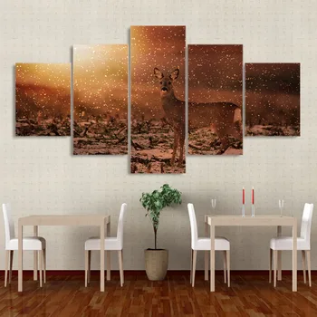 

Modern Home HD Unframed Wall Art Poster Decoration 5 Panel Deer Snow Landscape Living Room Painting Modular Canvas Print Picture