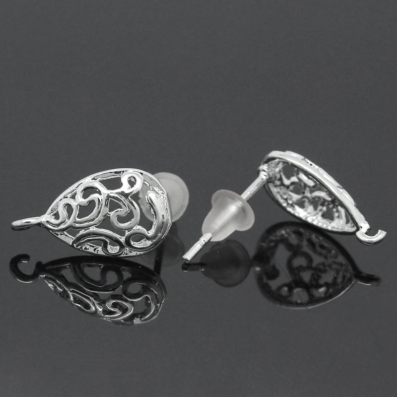 

FUNIQUE 10PCs Hollow Out Water Drop Earring Post Silver Color Stud Earrings Accessories For DIY Women Jewelry Fit Size 15x13mm
