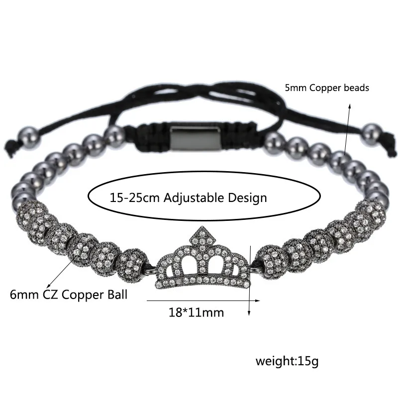 Новые Роскошные чешские Драгоценности Корона Шарм Медь плетение из бисера браслеты-Макраме комплекты Для мужчин Для женщин Свадебные украшения комплекты с браслетом в едином положении во время занятий легкой атлетикой, Bileklik