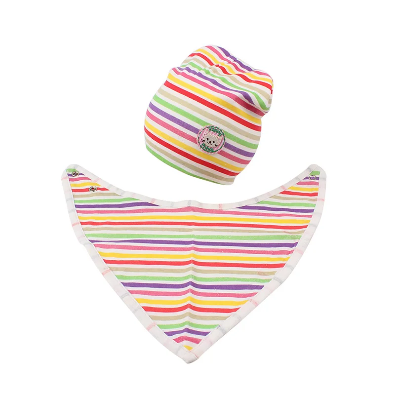 Fashion Striped Baby Hat Bib Set Cotton Infant Baby Beanie Boys Girls Tire Hat With Trangle Bibs Autumn Baby Boys Clothing (2)
