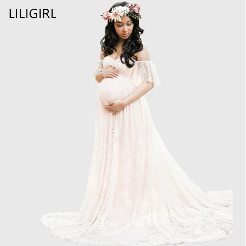

LILIGIRL Long Maternity Photography Accessories Pregnancy Dress For Photo Shoot Pregnant Lace One Word Collar Maxi Dress