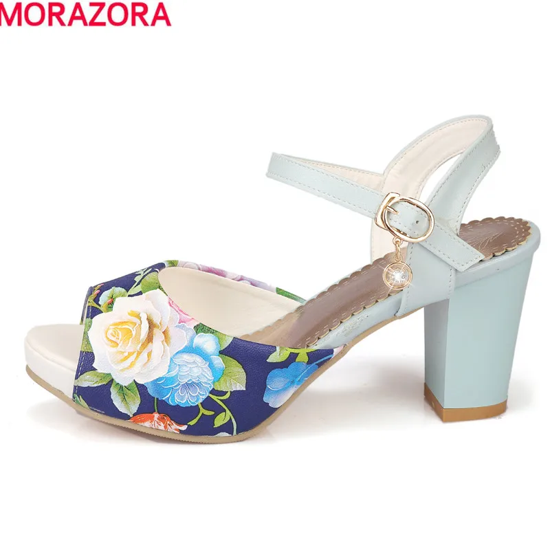 

MORAZORA Hot sale women sandals ankle strap Bohemia high heels peep toe summer dress shoes print leather female shoes
