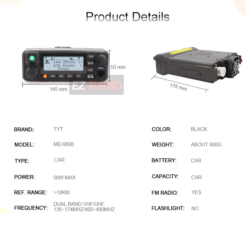 TYT MD-9600 Talkie “иди и болтай Walkie 50 км мобильный DMR автомобиль радио цифровой 136-174/400-480 МГц Dual Band RT90 DMR радио 3000CH 50/45/25 Вт FCC, аддитивного цветового пространства