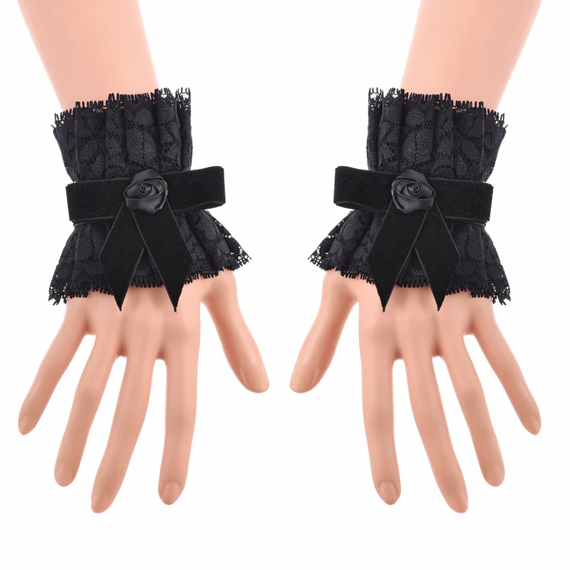 

Gothic Girls Cosplay Accessories Women Fake Handmade Cuffs Black Lace Bowtie Wrist Cuffs Vintage Style Steampunk
