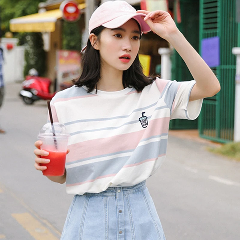 19原宿オル夏ストライプのためのtシャツトップス18甘いストライプ女子高生トップスtシャツ韓国ファッション服 T Shirts Aliexpress