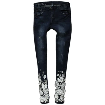 

New Arrival Fashion High Quality Womens Diamond Crystal Beading embroidered flowers Vintage Mid Waist skinny Jeans Plus Size