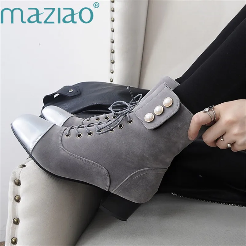 

Women Boots New Arrival Leather Suede Square Toe Ankle Boots Casual Square Med Heels Short Boots Shoes MAZIAO