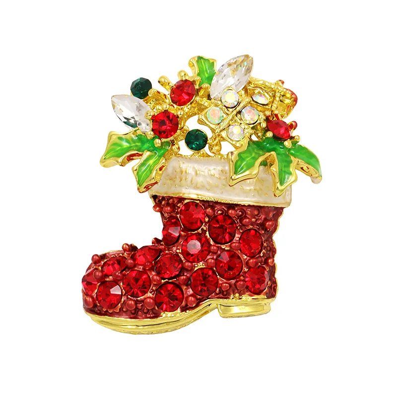 

Christmas Santa Boots Socks Red Rhinestones Brooches For Christmas in Gold Color Plated