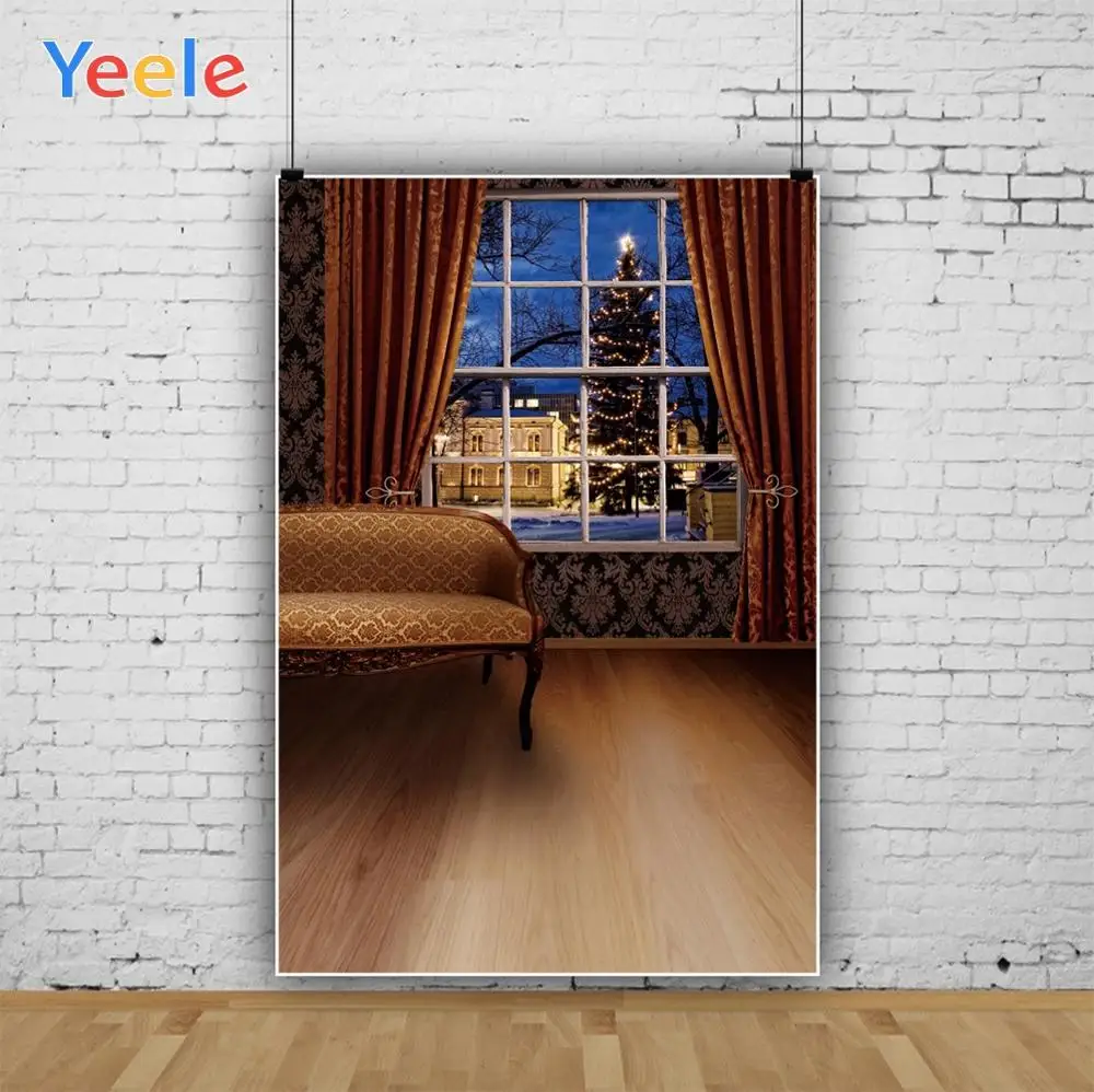 Yeele  Photography Backdrops Interior Sofa Window Outside Red Curtain Christmas Photographic Backgrounds For The Photo Studio