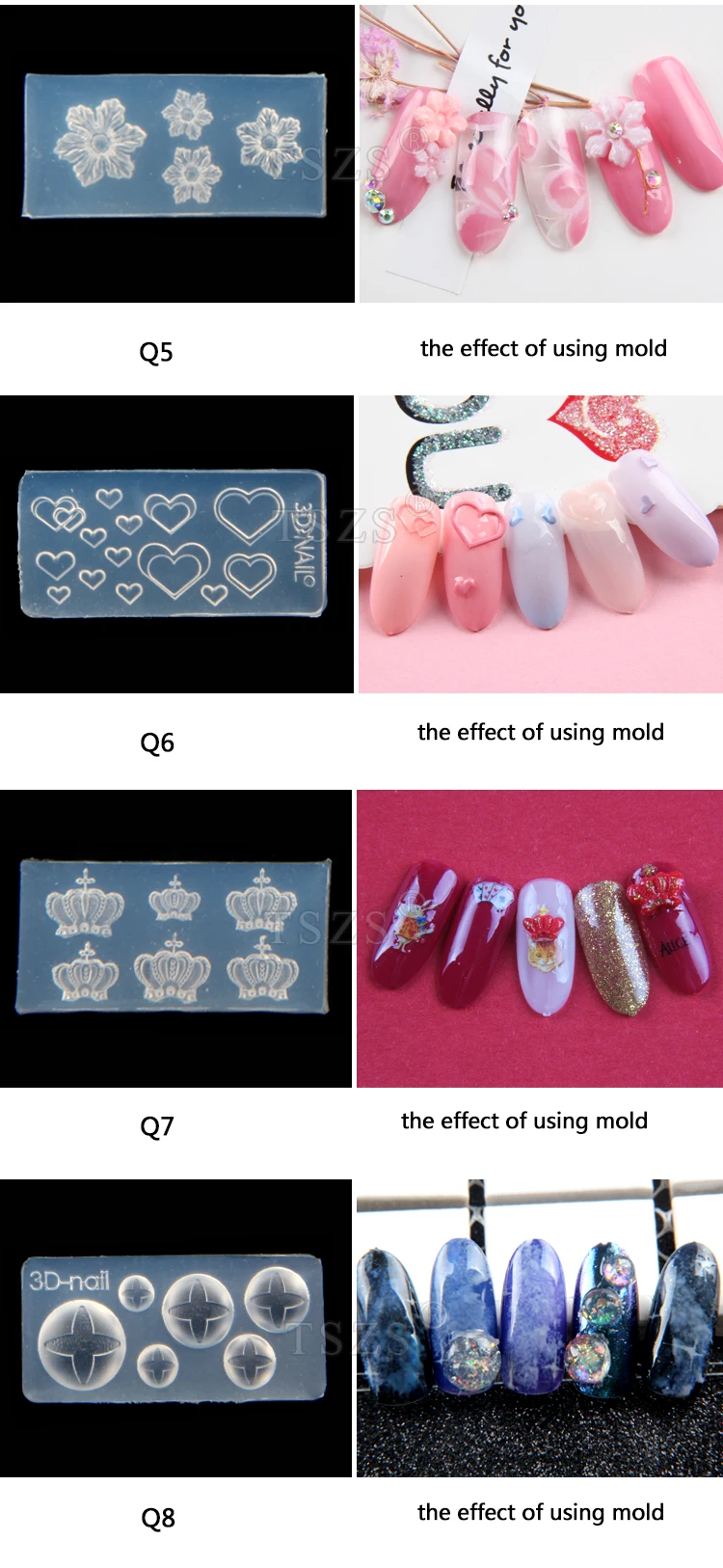 8 шт./лот Q серия(Q1-Q16) 3D смешанный дизайн акриловый дизайн ногтей плесень Советы Декор DIY Различные стили прозрачный