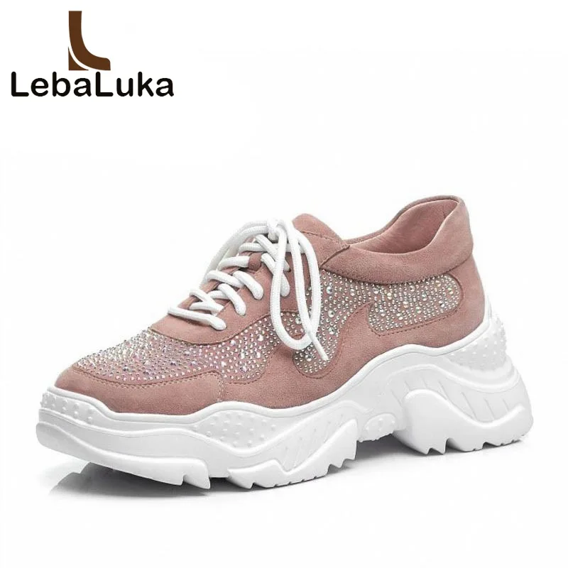 

Tuyoki Women Real Leather Casual Shoes Spring Fashion Rhinestone Pink Sneakers Breathable Strap Walk Shoes Women Size 34-39