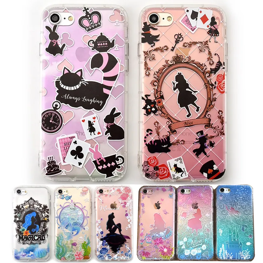 

3D Shockproof Soft TPU Phone Case for iPhone 7 6 Transparent Cartoon Alice in Wonderland Cat Mermaid Cases for iPhone 6 6s 7Plus