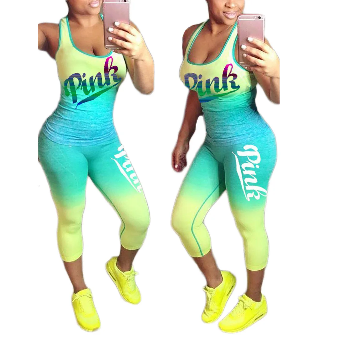 2 Pieces Sets Women Sporting Tracksuit 2019 Summer Pink Letter Print Sets Cotton Blend T Shirt Tank Tops+ Pants Plus Size XXXL two piece skirt set Women's Sets