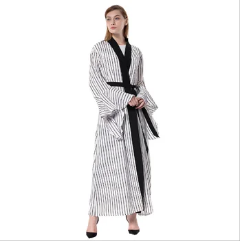 

Muslim Stripe Abaya Trumpet Kimono Middle East Ramadan Arab Islamic Clothing Sleeve Cardigan Maxi Dress Long Robe Gowns Tunic