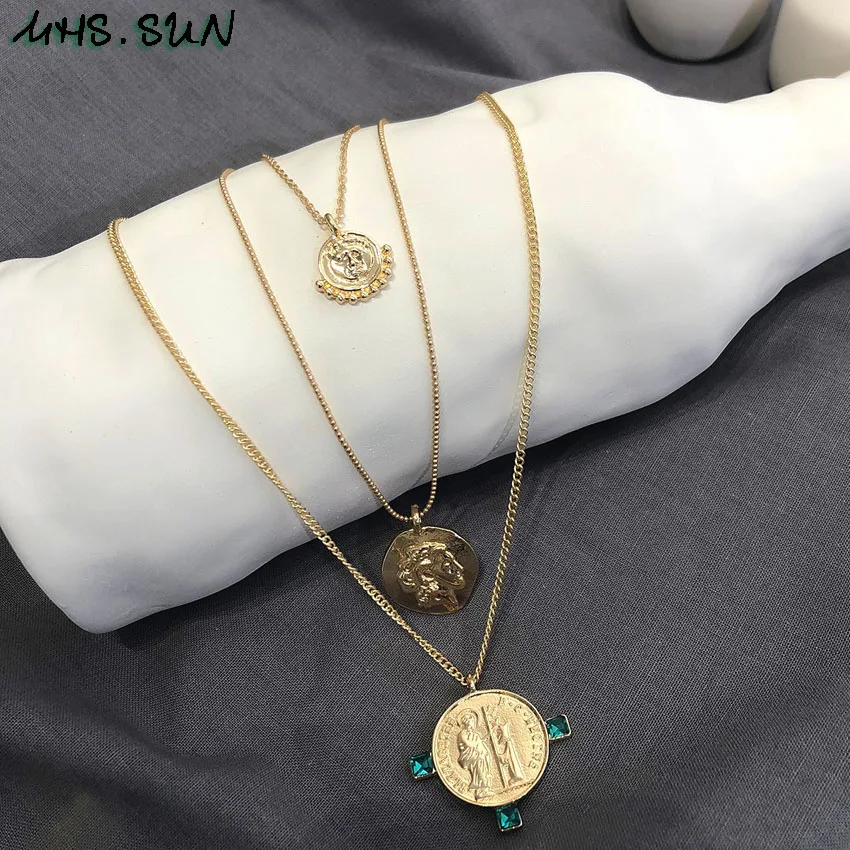 35 (6)Fashion Layered Necklace Women Chain Necklace Gold Color Vintage Sweater Necklace Trendy Jewelry For Female Gift 1Pcs