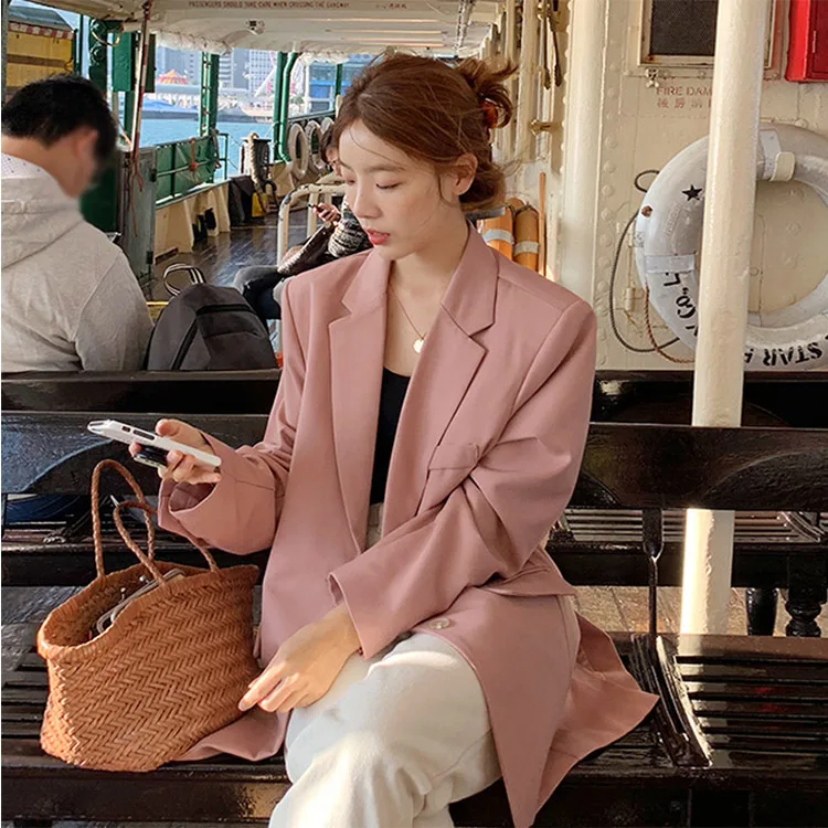 

2019 Spring Sweet Pink Hundred Take Medium and Long Loose Suit Jacket Button Single Breasted Solid Full Women Coat and Jackets