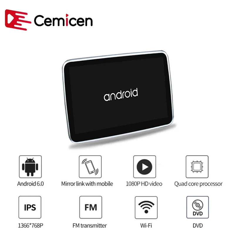 

Cemicen 10.1 inch Android 6.0 System Car Headrest DVD Player HD 1080P Monitor Touch Screen With WIFI/HDMI/USB/SD/FM/Bluetooth