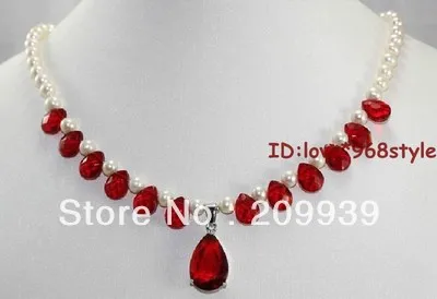 

huij 001175 7-8mm Genuine white Fw Pearl Pretty Red Teardrop Pendant Necklace 18
