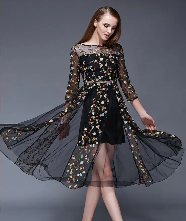 Lace Embroidery Flower Black Dress