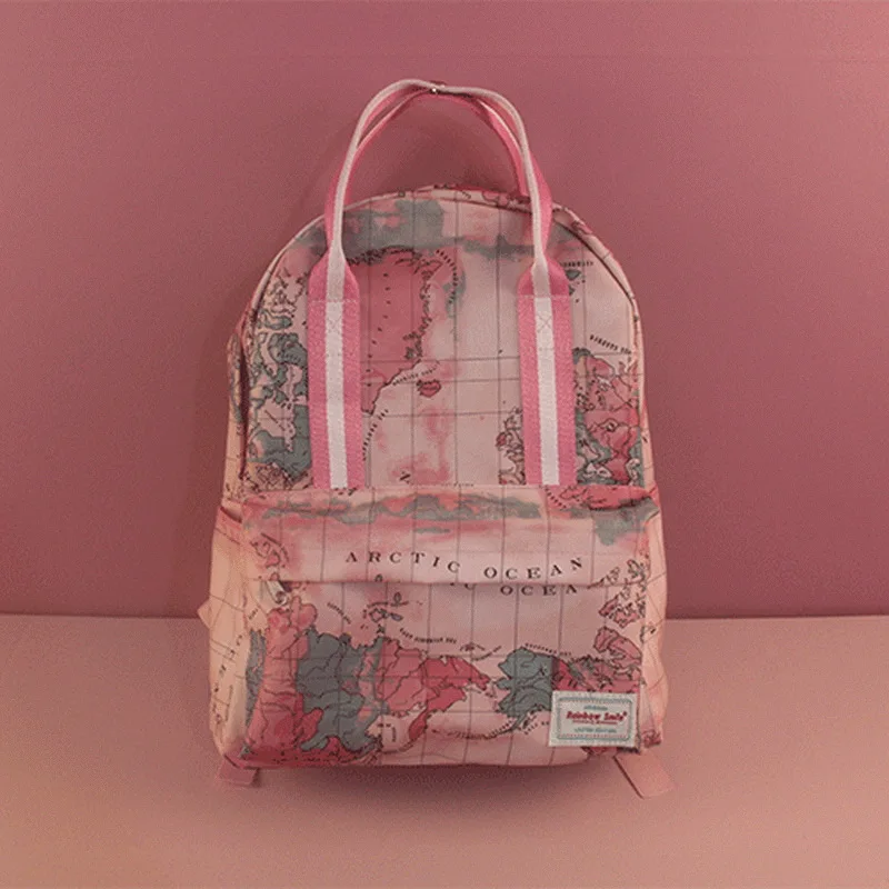 

Map Printing Women Canvas Backpack Square Top-handle Portable Pink Schoolbag For Teenagers Girl Large Capacity Shoulder Backpack