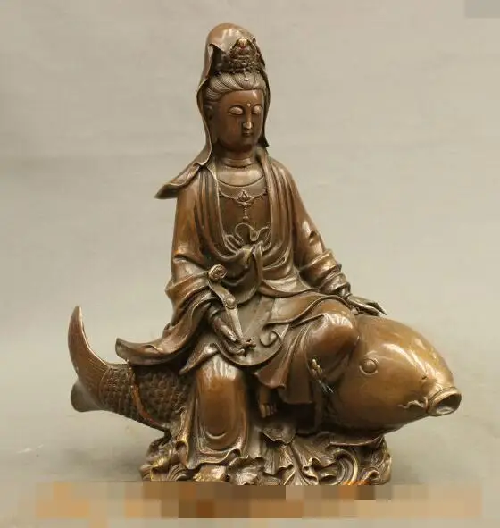 

S5453 12" Folk Chinese Bronze Buddhism Guan Yin Goddess Kwan-Yin Riding Fish Statue discount 30% (C0324)