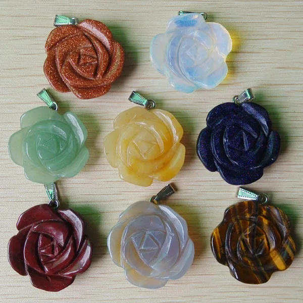 

2017 new fashion best selling carved mixed natural stone rose flower pendants charms jewelry 8pcs/lot wholesale free shipping