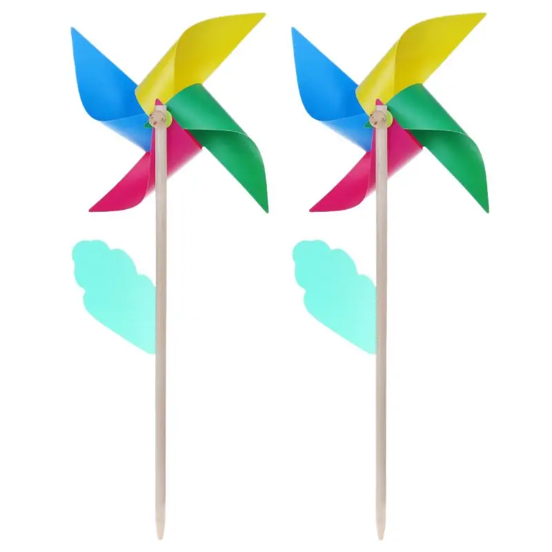 

2 Pcs/Set Wind Spinner Simple Four Colors Windmill Pinwheel Wooden Pole Garden Decoration Kids Children Toys Wheel 28cm Outdoor