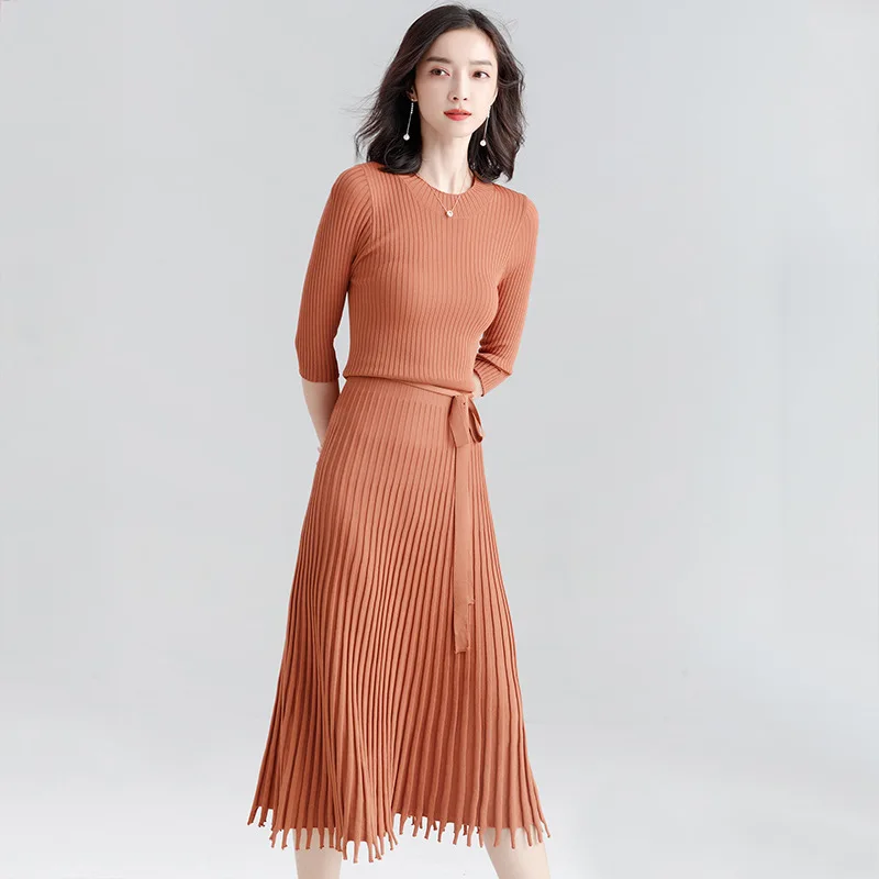 

2019 Spring Half sleeve OL long O-neck Sweater Dress Women Autumn Thin A-line Dress Slim Female Jumper Female Knitted Dress
