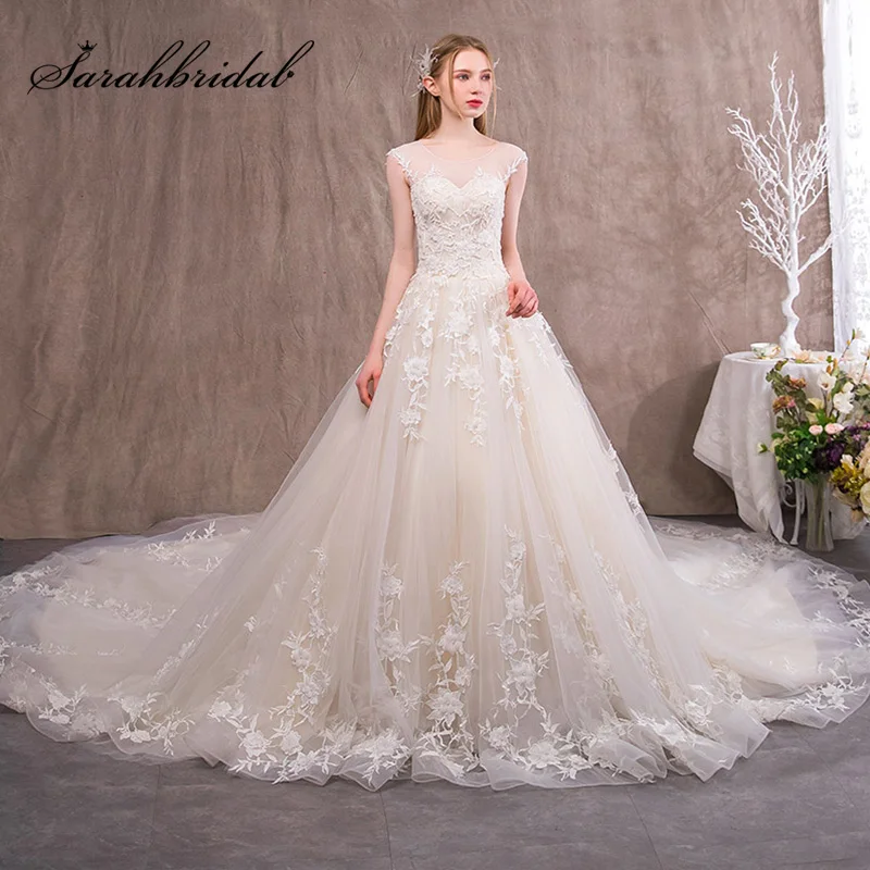 

New Arrival Romantic Lace Appliques Wedding Dresses White Princess Tulle Sheer Neck Lace Up Back Bridal Dress Wedding Gown L3955