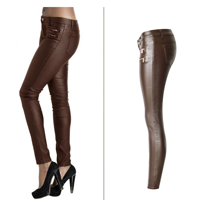 New Fashion Women's Brown Low-waist Elastic Pencil Pants Trousers Sexy Tight PU Coating imitate Leather Pants with Plus Size (3)