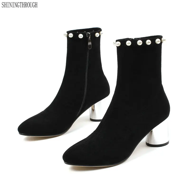 

New stretch fabric women ankle boots rouned high heels dress boots woman ladies dress shoes woman black gray