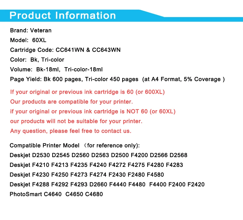 Ветеран чернильный картридж 60XL Замена для hp 60 xl hp 60 принтеров серий Deskjet F4480 D2530 D2545 F2430 F4224 F4440 ENVY120 C4650 C4680 принтер