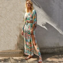 Хлопок цветочный принт Boho шикарные пляжные юбки женские Лотос макси сплит юбка высокая талия длинная юбка летние женские юбки