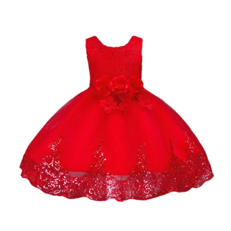 Платье принцессы с вышивкой и бантом; платье для девочек; платье без рукавов; платье для дня рождения, свадьбы, церемонии, танцев, шоу; свадебное платье для девочек - Цвет: Red 2-3T