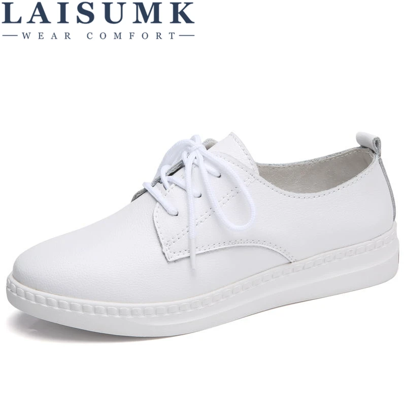 

LAISUMK 2019 Autumn Loafers Shoes Woman Genuine Leather Round Toe Lace-up Female Flat Shoes For Women Moccasins Slipony